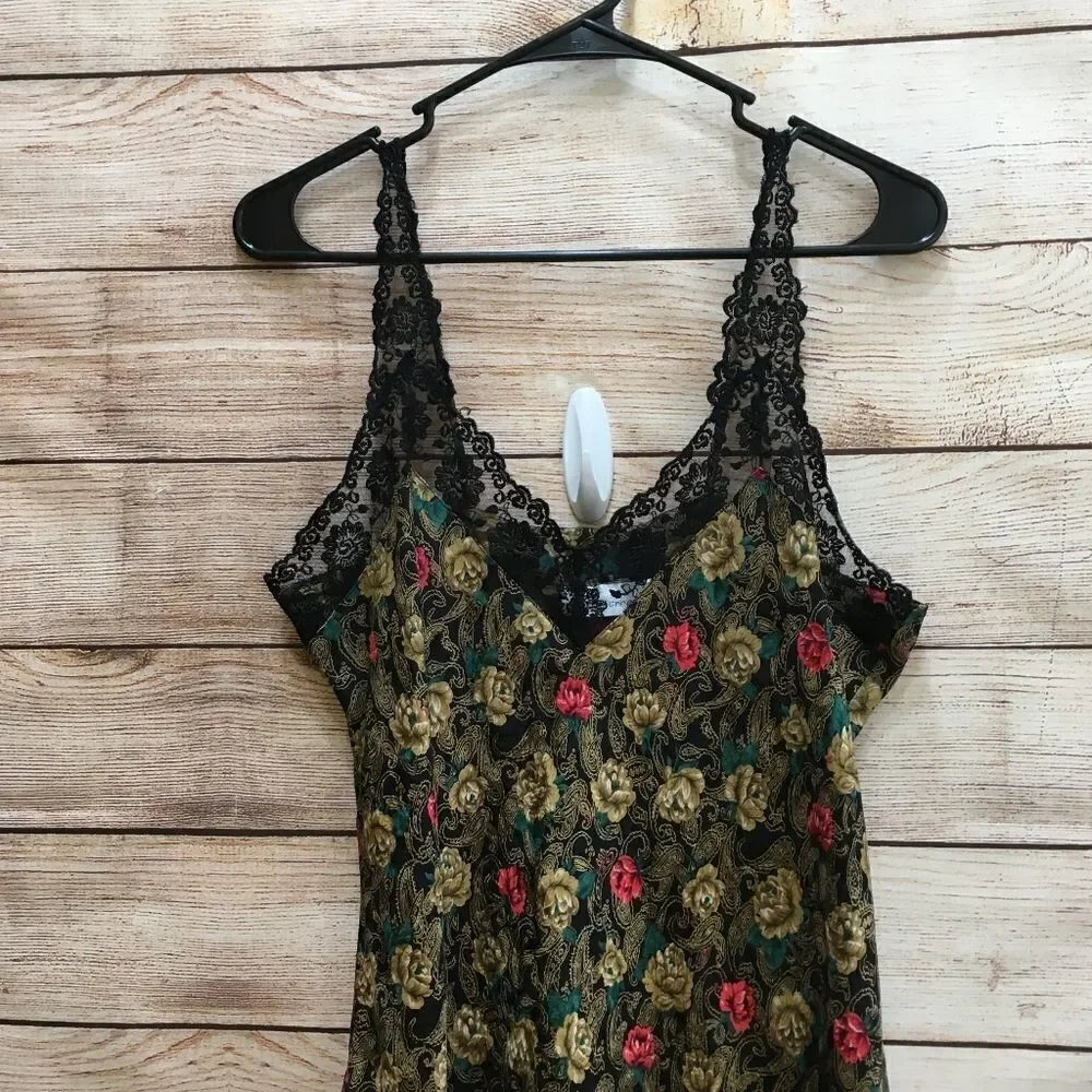 VINTAGE SILKSCREEN 100% SILK CHEMISE WITH PANTIES IN BLACK FLORAL‎ - Picture 3 of 11